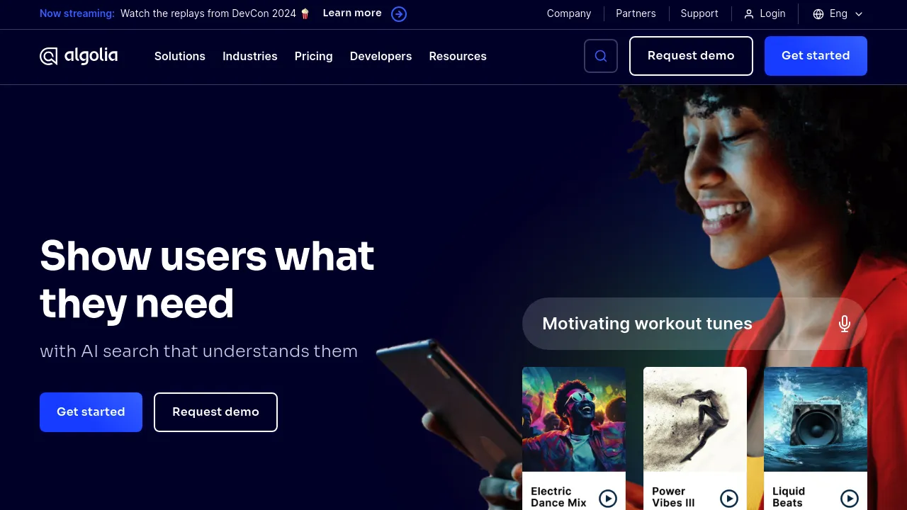 Screenshot of Algolia website