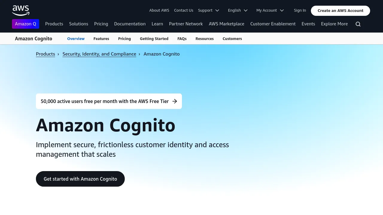 Screenshot of AWS Cognito website