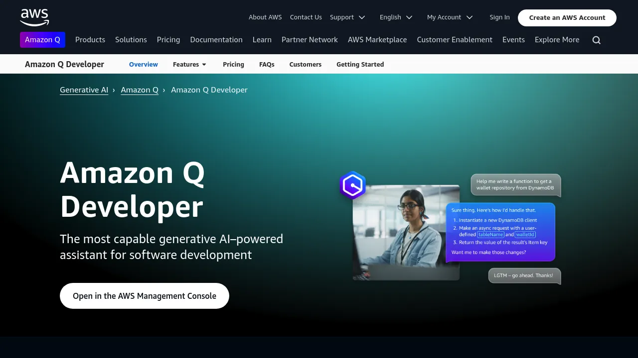Screenshot of AWS Q Developer website