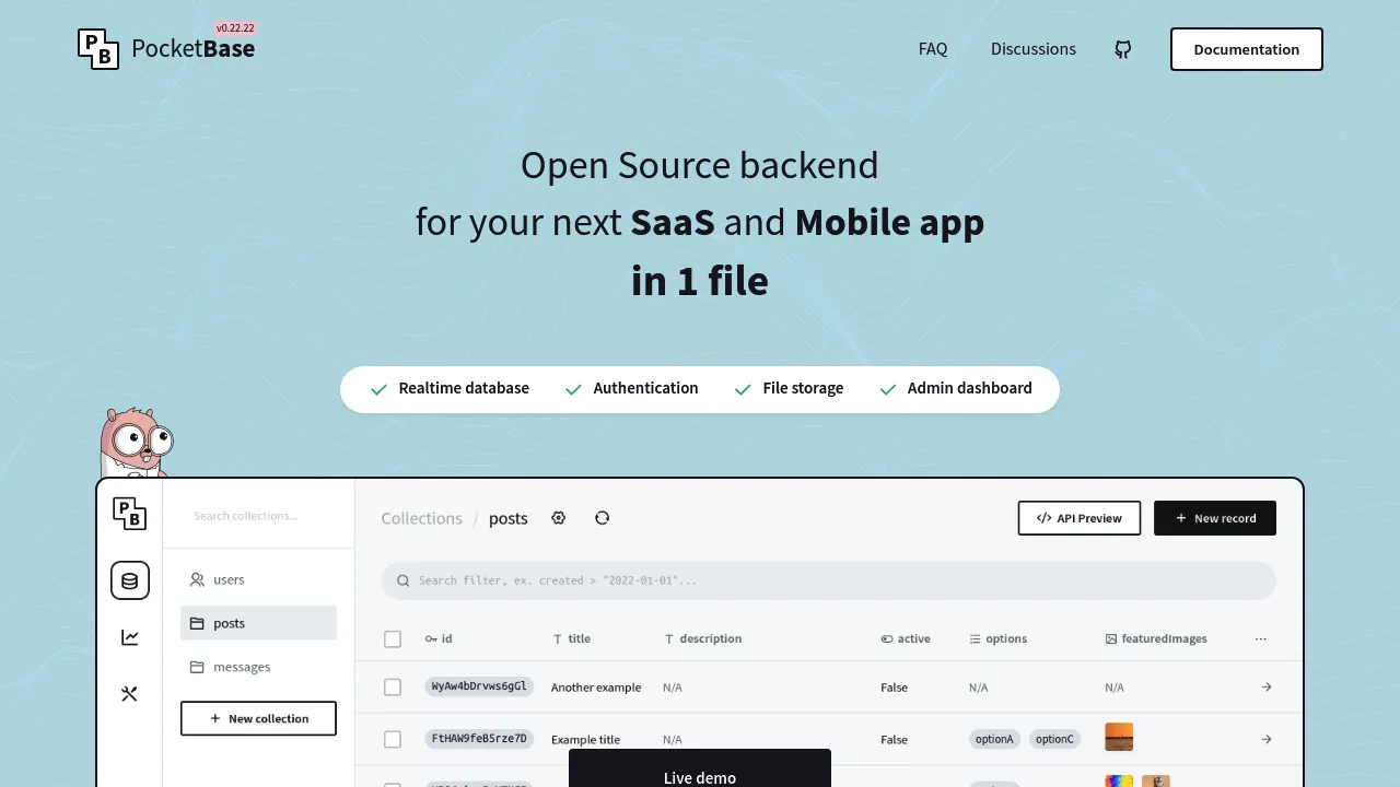 Screenshot of PocketBase website