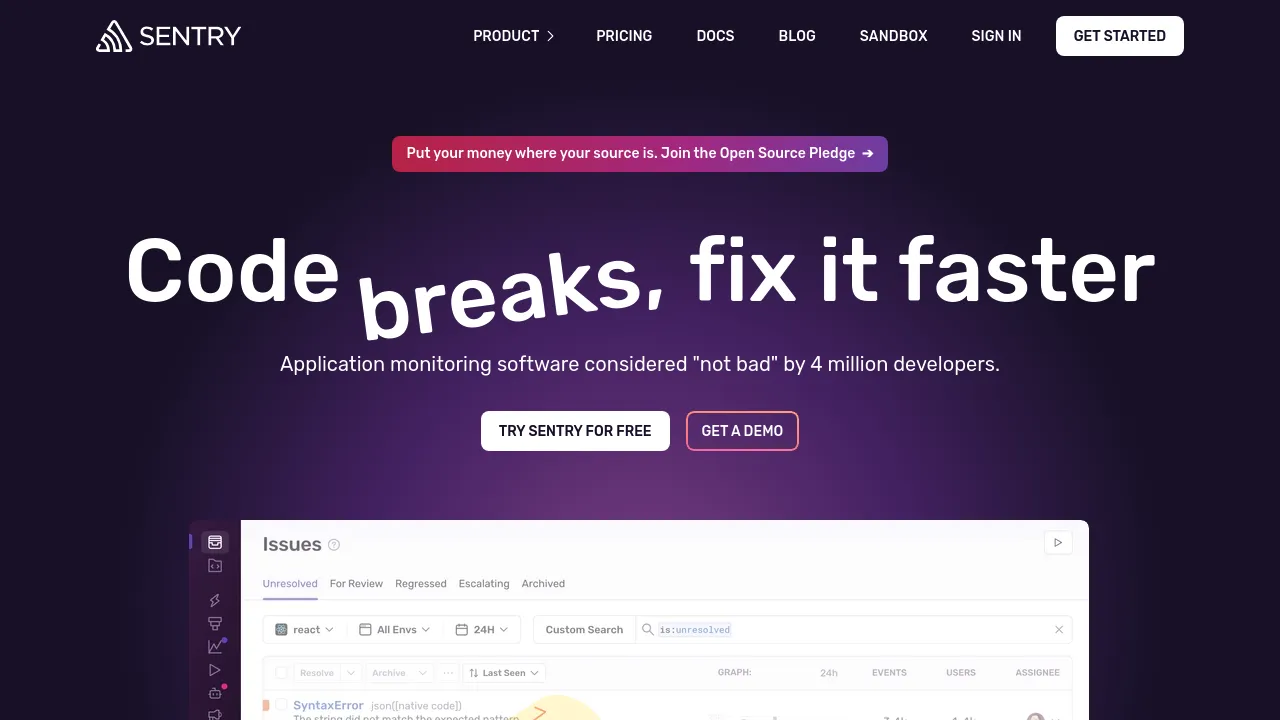 Screenshot of Sentry website
